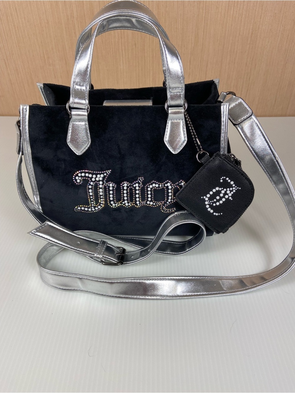 Juicy Couture Black Velour & Silver Rhinestone Tote Crossbody Bag NWOT Y2K Glam
